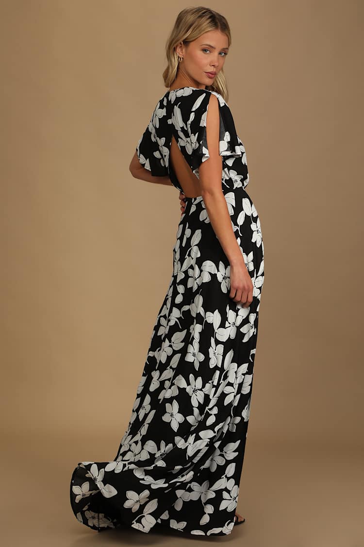 Black Floral Print Dress - Wrap Dress - Open Back Dress - Lulus