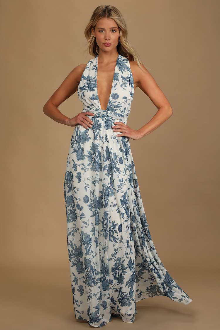 chinese dress ladies Floral Chiffon A Line Halter Dress Petite / 6 / White-Blue main image 0