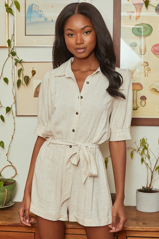 Adventure Ready Beige Puff Sleeve Button-Up Romper 3