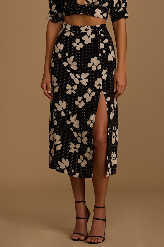 You're My Reason Black Floral Print High Waisted Midi Skirt 5