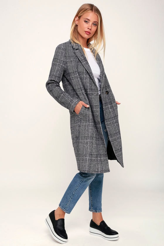 black and white plaid trench coat