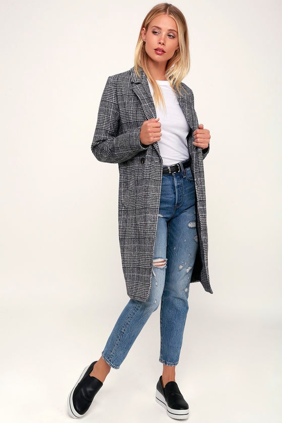 Chilly Out Black and White Glen Plaid Long Coat