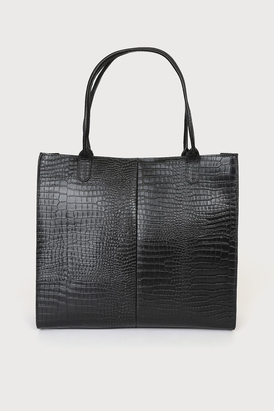 Black Tote - Genuine Leather Bag - Crocodile-Embossed Tote Black Tote - Genuine Leather Bag - Crocodile-Embossed Tote