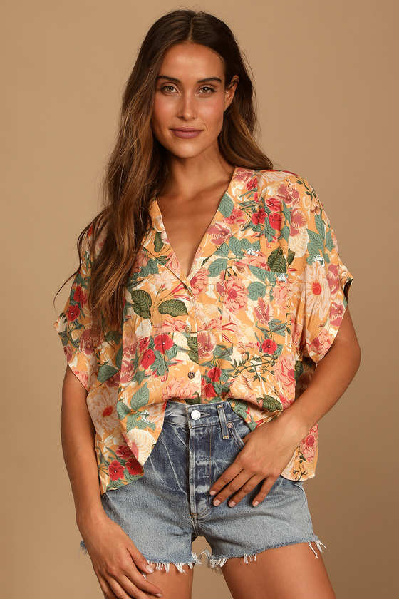 Island Style Orange Floral Print Button Up Short Sleeve Top