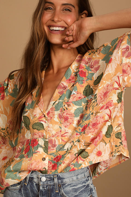 Island Style Orange Floral Print Button-Up Short Sleeve Top - thumbnail 3