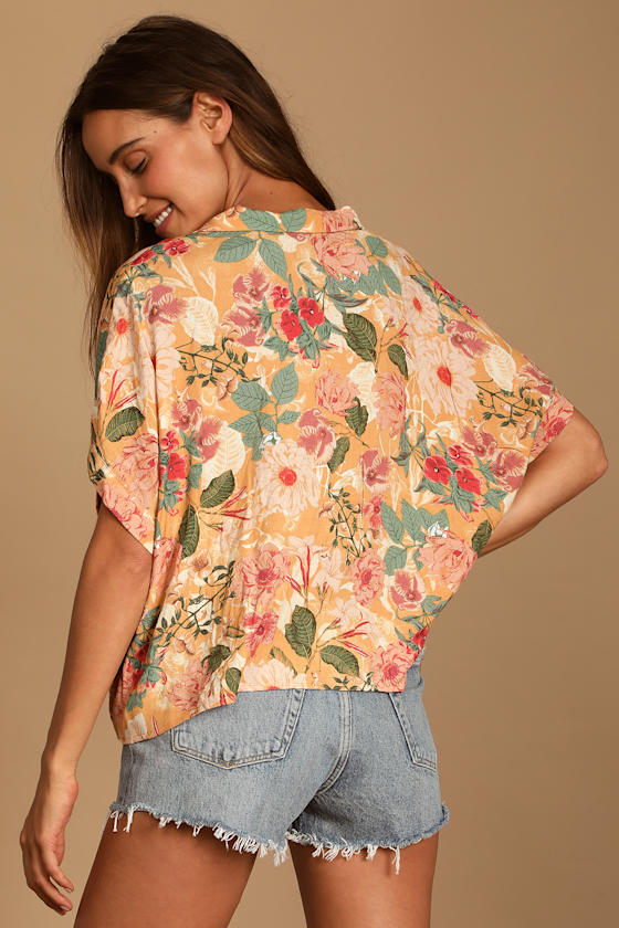 Island Style Orange Floral Print Button-Up Short Sleeve Top - thumbnail 4