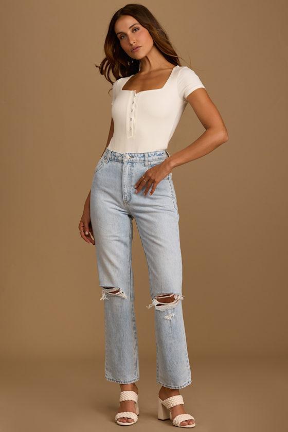 Original Straight Light Wash Distressed Denim High Rise Jeans 1