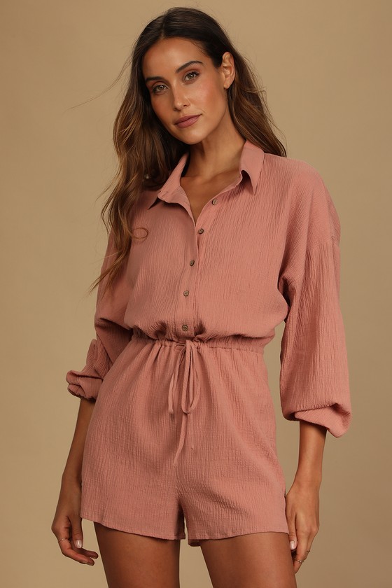 Lulus | Day to Day Chic Blush Pink Drawstring Long Sleeve Romper | Size Large | 100% Cotton