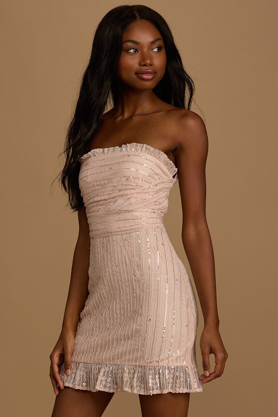 Bless Strapless Organza Ruffle Mini Dress Blush