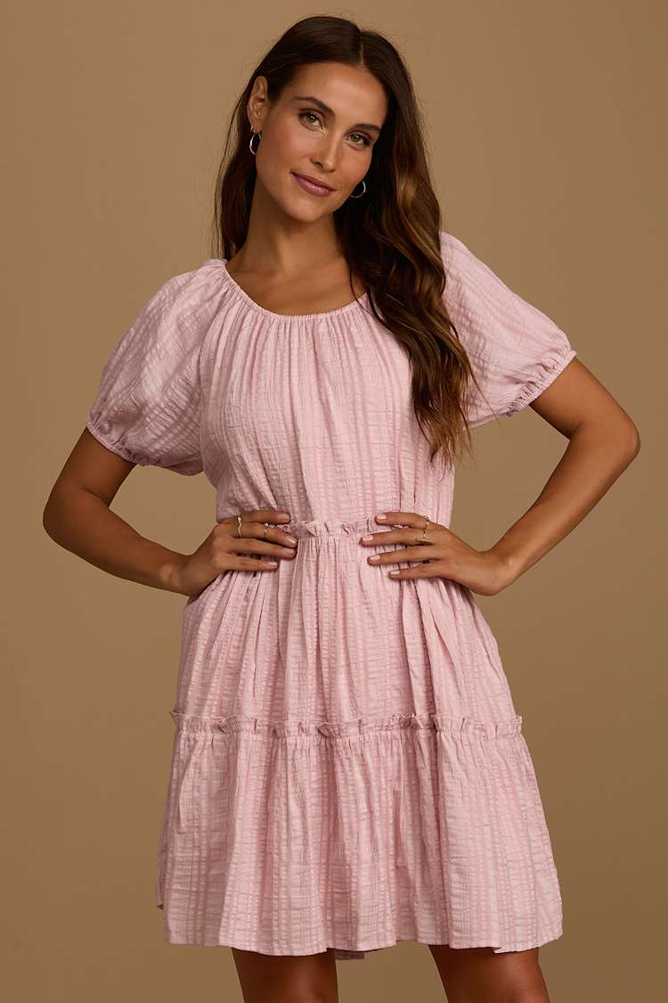 knee length dresses for ladies Light Pink Bodycon Lace Up Ruched Puff Sleeve Backless Mini Dress – Dazey  Hill