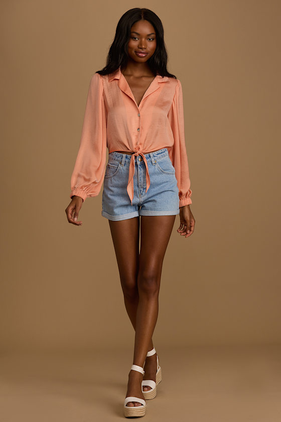Coral Orange Top - Satin Top - Women's Tops - Satin Blouse