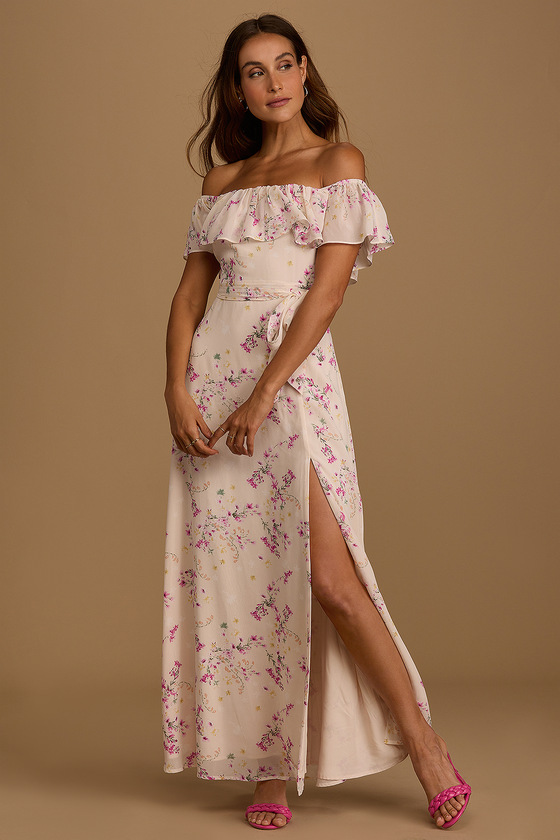 Amazing Moment Light Pink Floral Print Off-the-Shoulder Dress