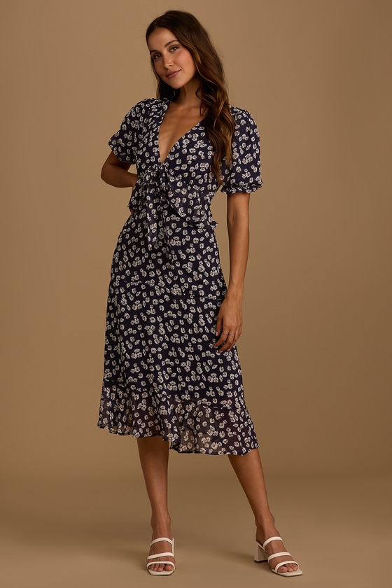 Navy Blue Midi Dress - Floral Print ...