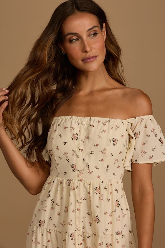 Sweet Daydreamer Yellow Floral Print Off-the-Shoulder Maxi Dress 2
