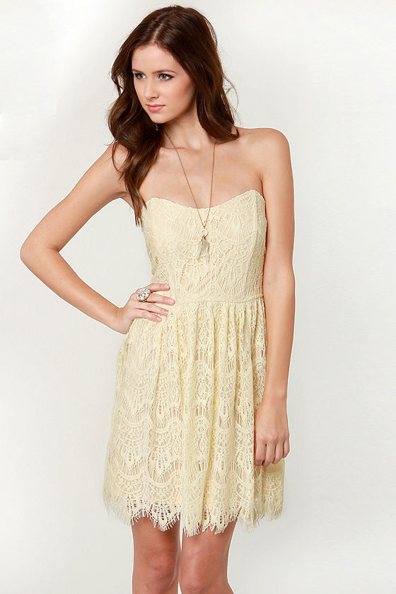 Lovely Strapless Dress Cream Dress Lace Dress 47.00 Lulus