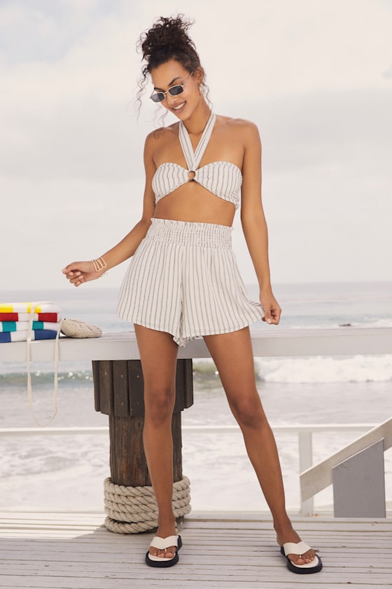 Boardwalk Beauty White Striped Smocked Shorts 9