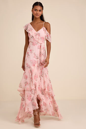 Velma Blush Floral Ruffled Asymmetrical Maxi Dress 1
