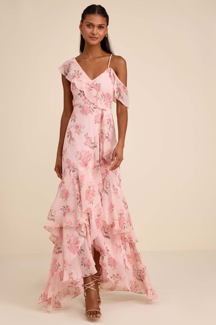 floral ruffle chiffon asymmetric maxi dress Francesca's Alice Floral Asymmetrical Maxi Dress