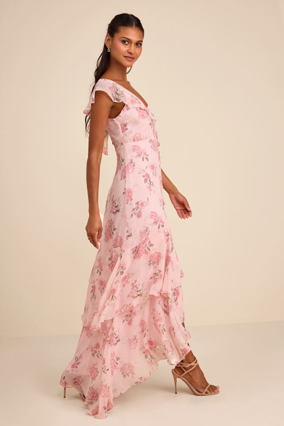 Velma Blush Floral Ruffled Asymmetrical Maxi Dress - thumbnail 4