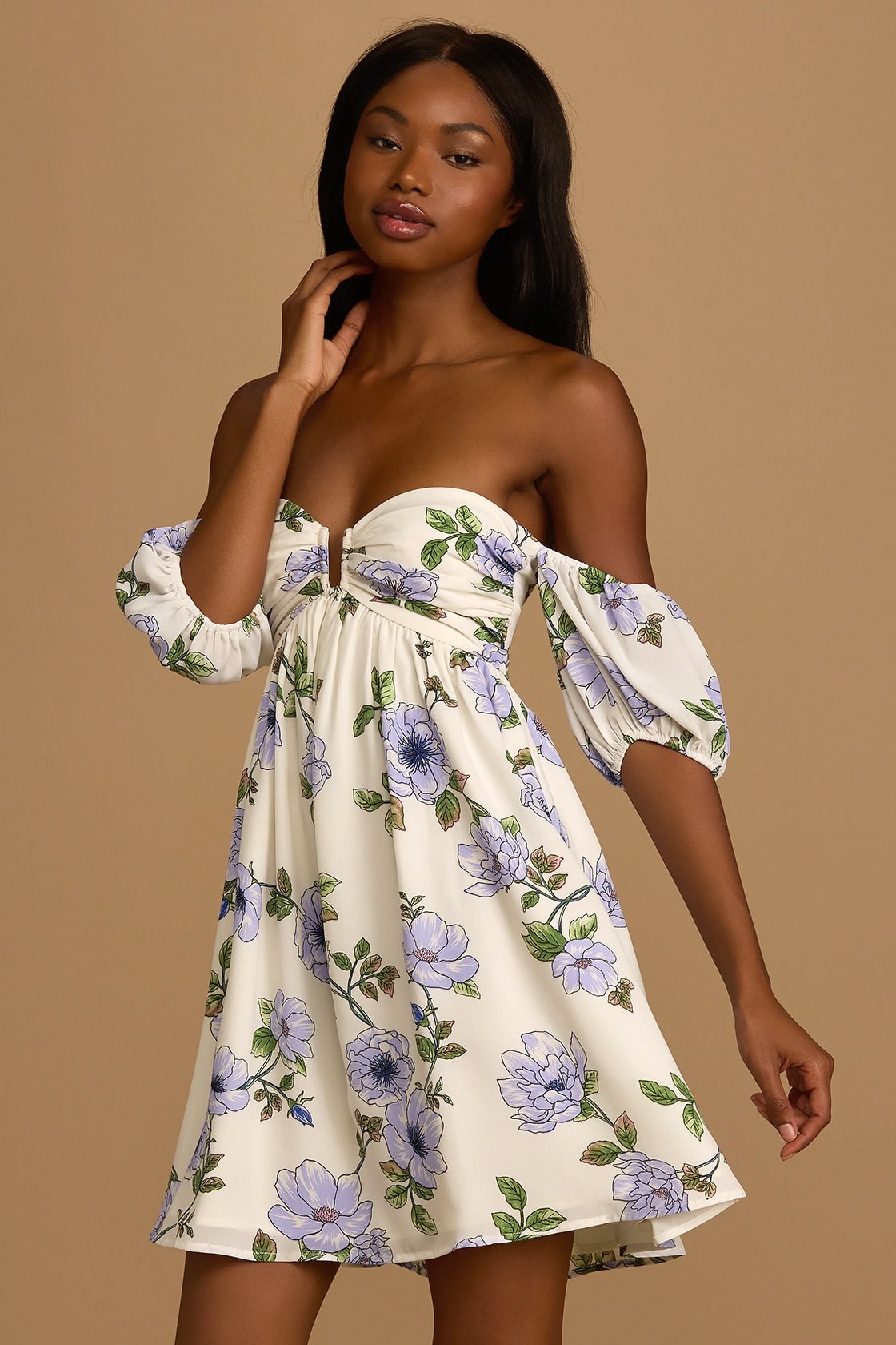 Ivory Floral Mini Dress - Off-the-Shoulder Dress- Babydoll Dress - Lulus