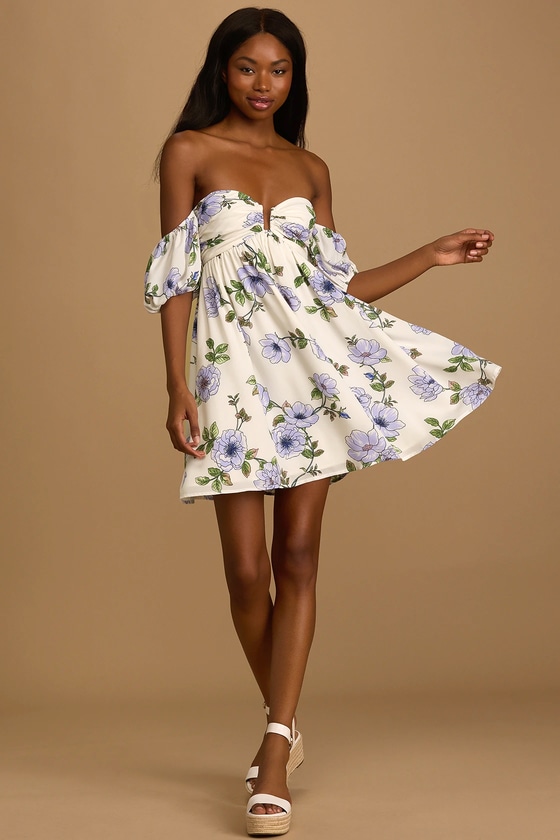 Ivory Floral Mini Dress - Off-the-Shoulder Dress- Babydoll Dress - Lulus