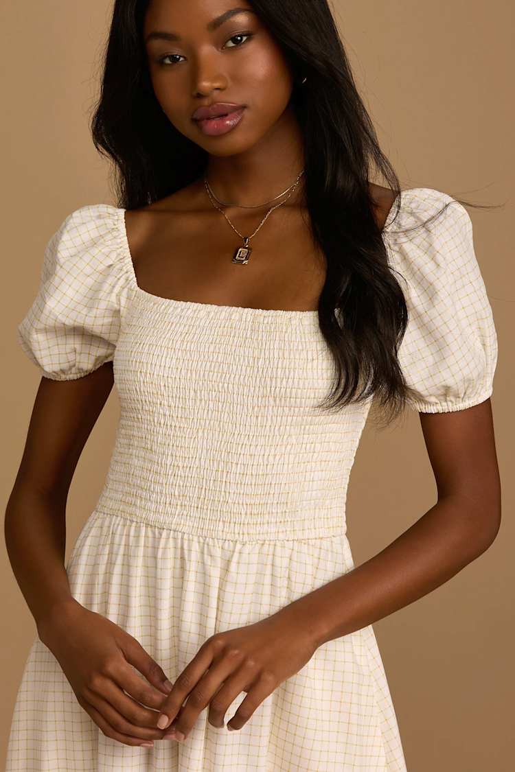 Ivory Plaid Dress - Puff Sleeve Midi Dress - Smocked Midi Dress 