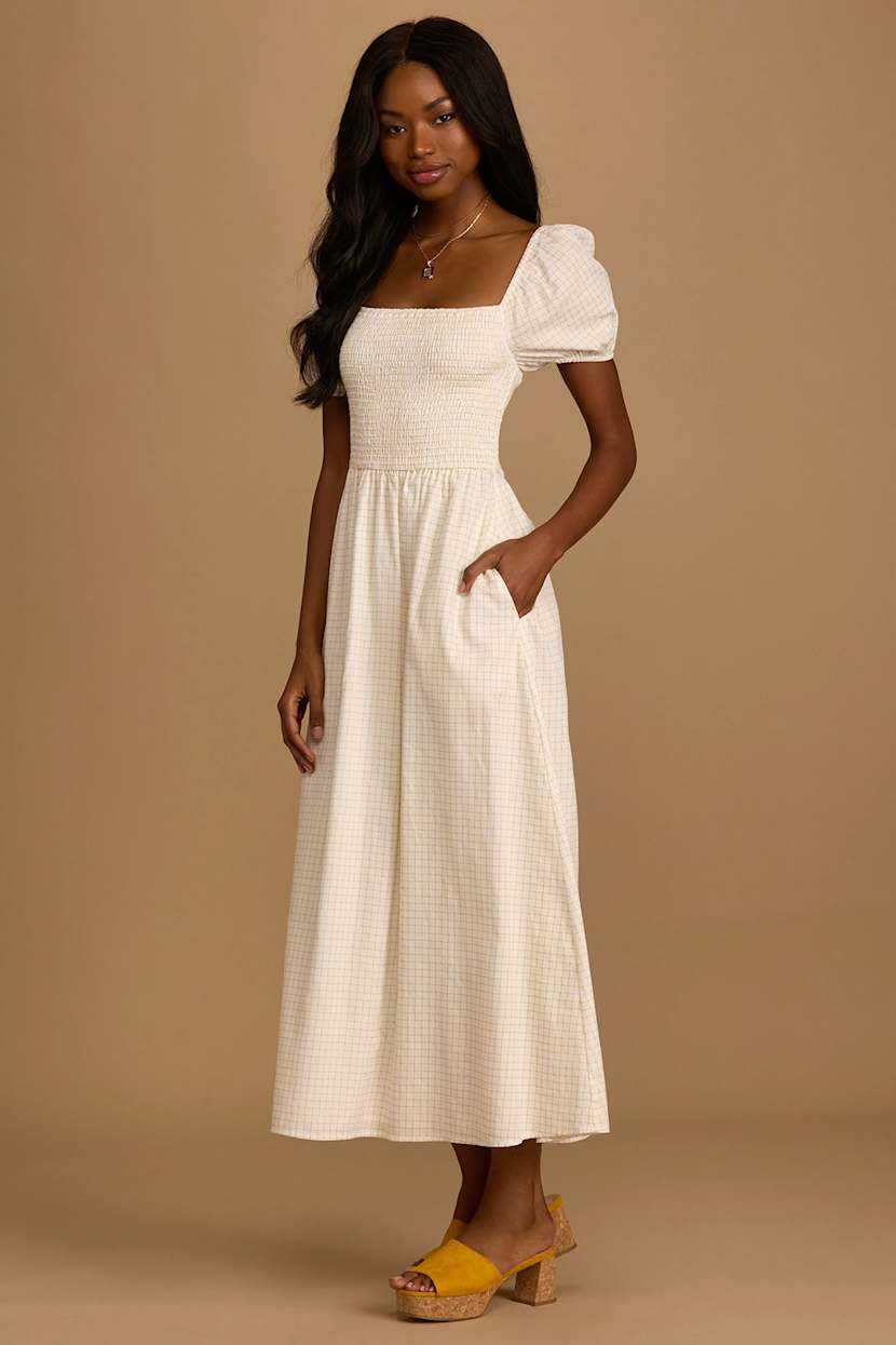 Ivory Plaid Dress - Puff Sleeve Midi Dress - Smocked Midi Dress  