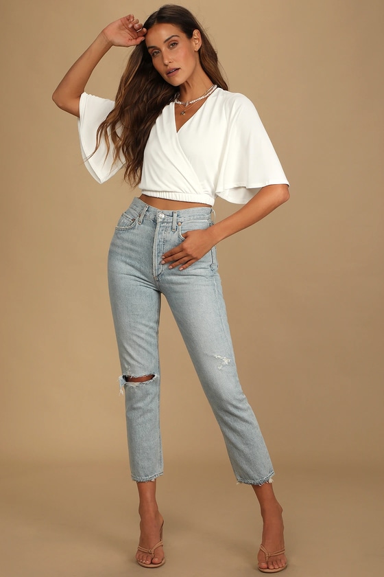 Beauty and a Breeze White Surplice Flutter Sleeve Crop Top