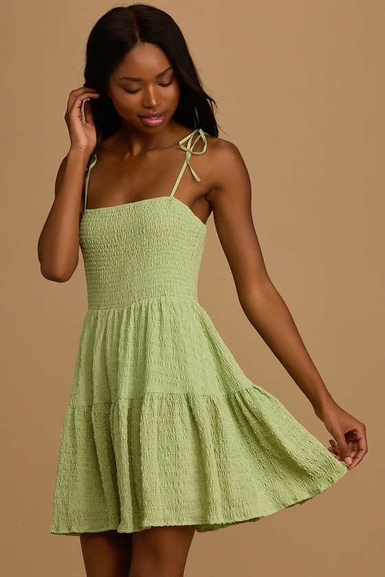 Sage Green Dress - Smocked Dress - Tiered Mini Dress - Lulus