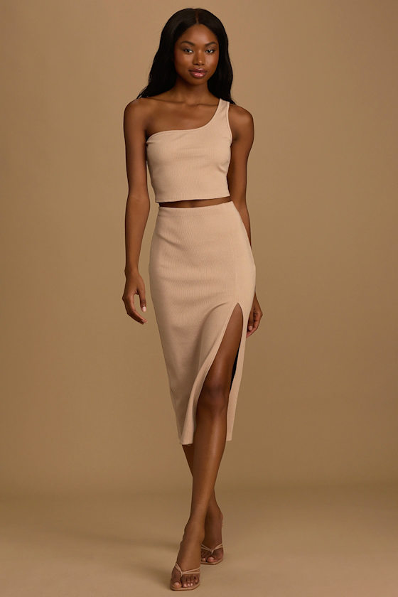 Phenomenal Style Tan Ribbed One-Shoulder Two-Piece Midi Dress 1
