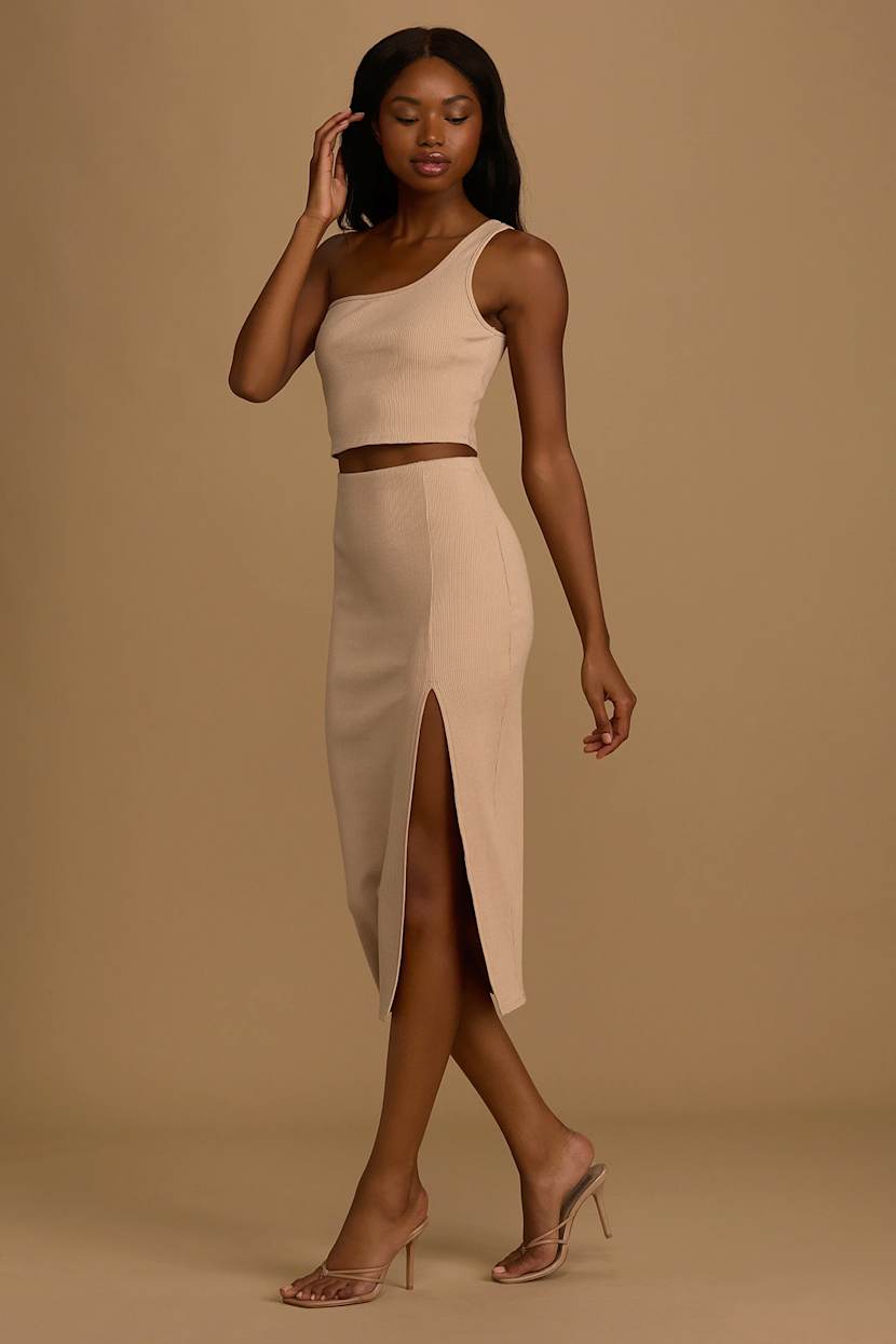 Tan Dress - Ribbed Two-Piece Dress - One-Shoulder Midi Dress - Lulus