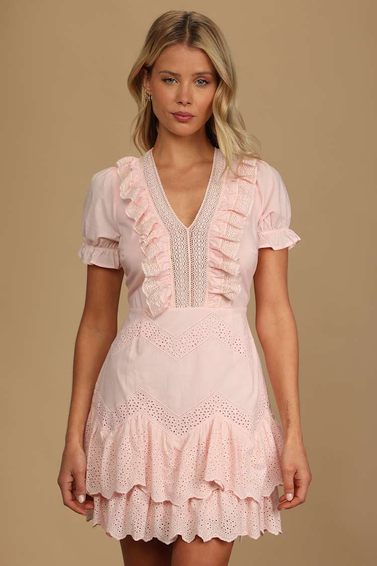 Light Pink Mini Dress - Cotton Eyelet Dress - Ruffled Mini Dress - Lulus