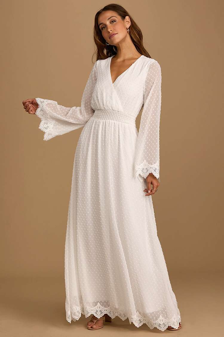 New Romantic White Swiss Dot Lace Long Sleeve Maxi Dress