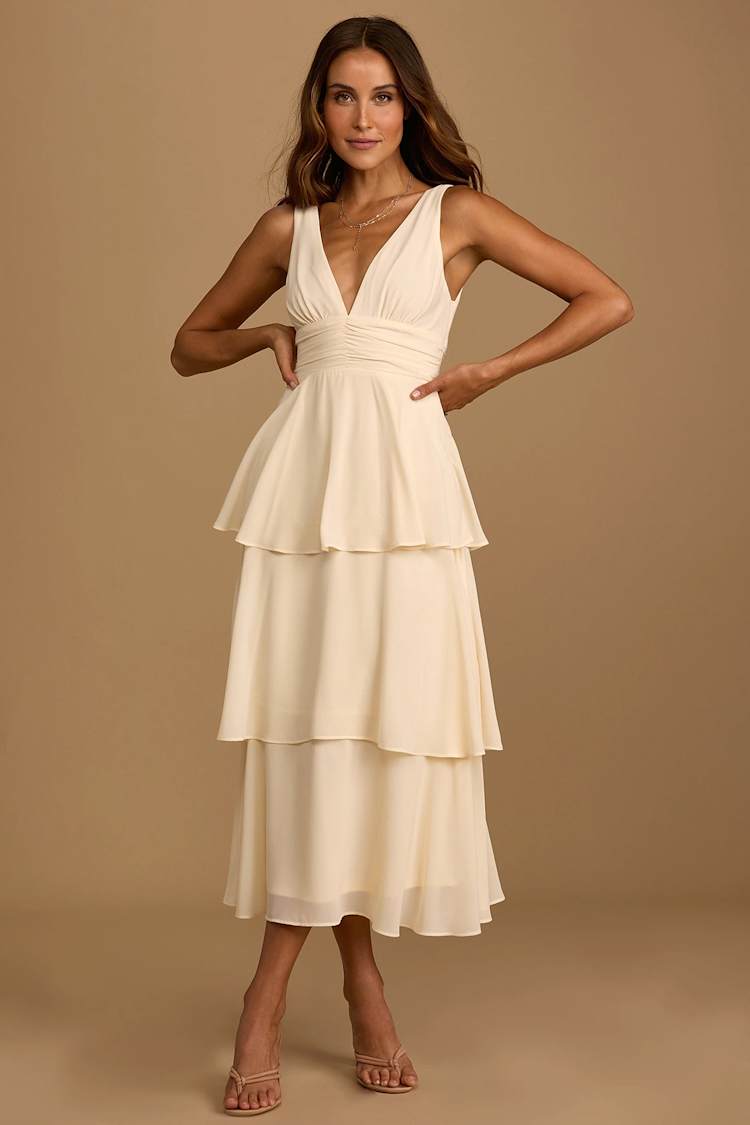 Cream V-Neck Dress - Tiered Midi Dress - Sleeveless Dress - Lulus