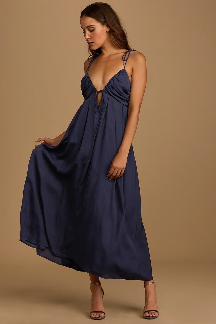 Confidence Check Navy Blue Satin Tie-Back Maxi Dress