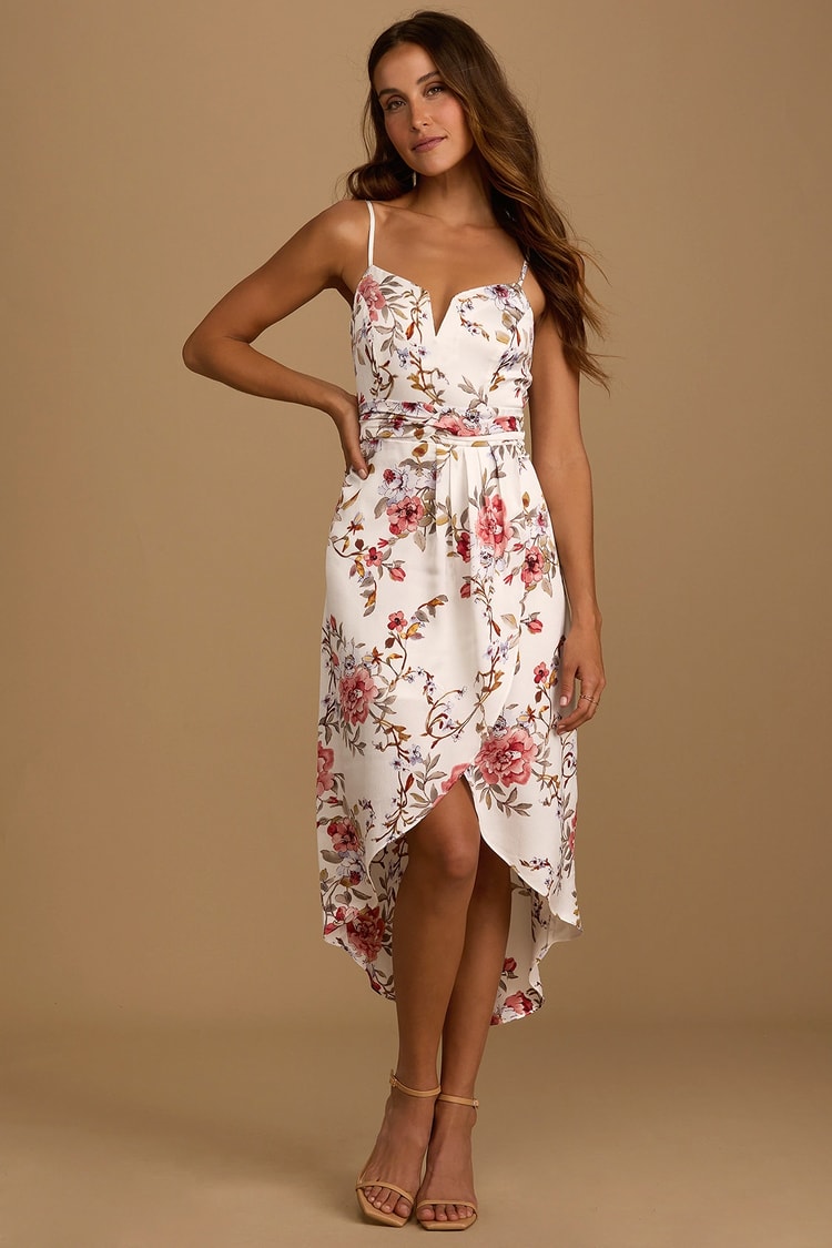 Ivory Floral Print Midi - Floral Midi Dress - V-Neck Midi Dress