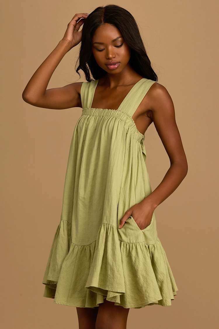 Green Mini Dress - Swing Dress - Cotton Dress - Tie-Strap Dress - Lulus