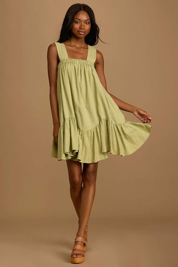 Green Mini Dress - Swing Dress - Cotton Dress - Tie-Strap Dress - Lulus