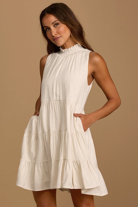 Frolic with You Beige Smocked Mock Neck Tiered Swing Dress 8