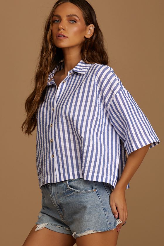 Keep a Sunny Mood Blue Striped Short Sleeve Button-Up Top 6