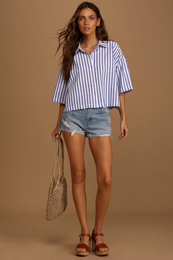 Keep a Sunny Mood Blue Striped Short Sleeve Button-Up Top 4