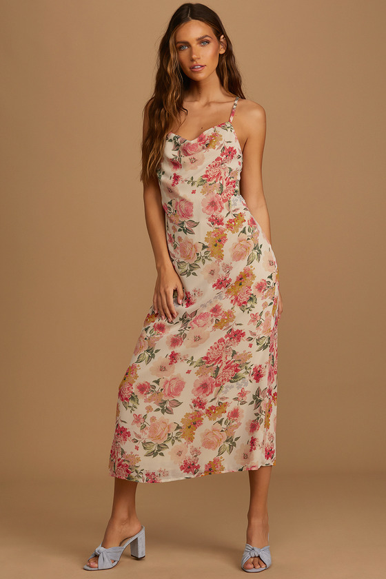 Beige Midi Dress - Floral Print Dress - Cowl Neck Dress - Lulus