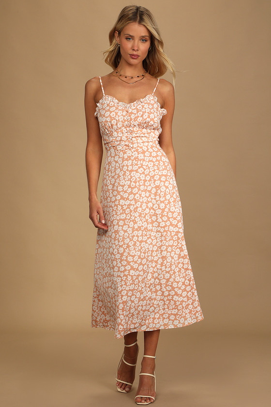 Lulus X LUSH - Peach Floral Print A-Line Midi Dress - Sundress