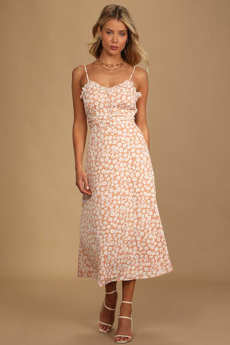 Lulus X LUSH - Peach Floral Print A-Line Midi Dress - Sundress Lulus X LUSH - Peach Floral Print A-Line Midi Dress - Sundress