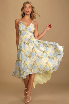 lulus.com | Lulus Be With Me Yellow Floral Print Lace-Up High Low Dress