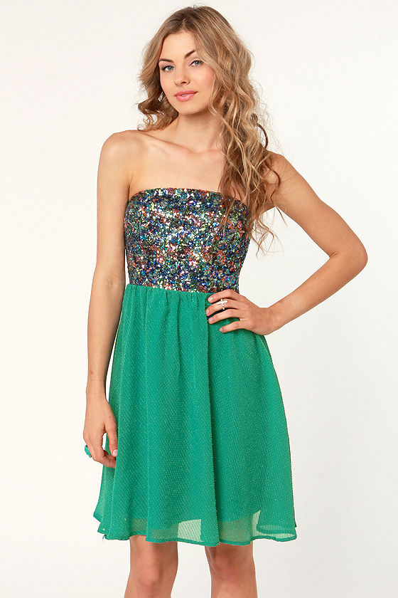 Cute Strapless Dress - Sequin Dress - Teal Dress - $112.00 - Lulus