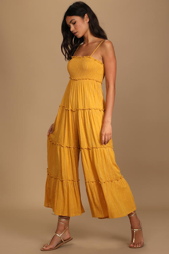 Mustard Yellow Jumpsuit Smocked Jumpsuit WideLeg Jumpsuit Lulus