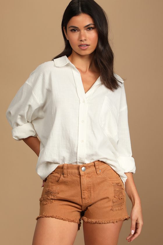 New Locations White Oversized Long Sleeve Button-Up Top 5