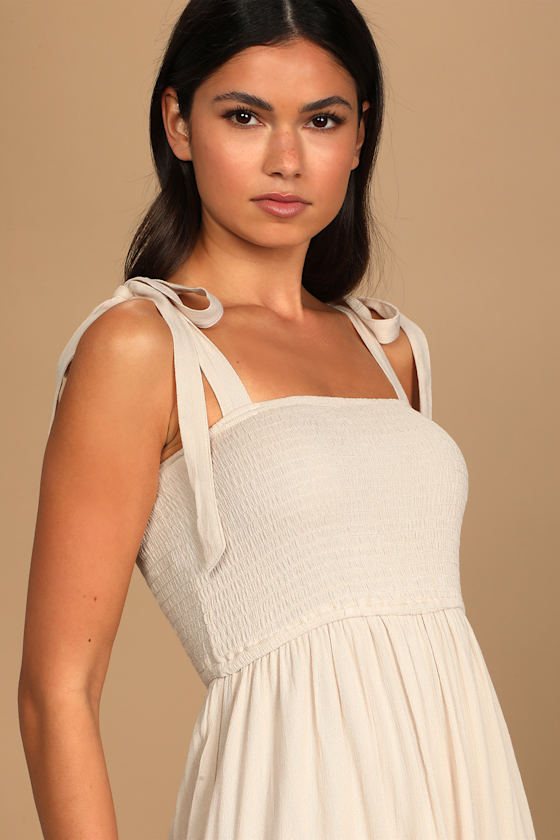 Beige Tiered Dress - Tie-Strap Dress - Smocked Maxi Dress