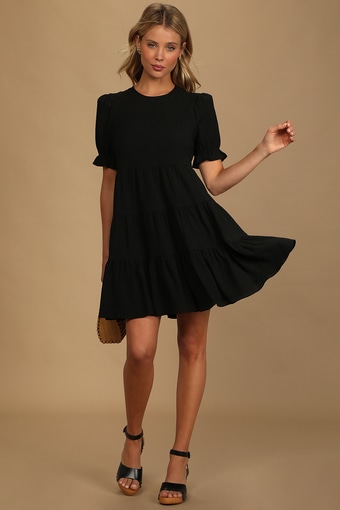Favorite Day Black Puff Sleeve Tiered Mini Dress